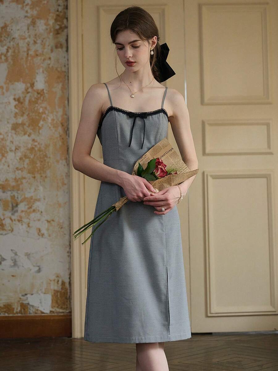 涤纶千鸟格纹系带吊带裙