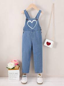 幼童女孩休閒舒適心形圖案牛仔背帶褲 - 淺色水洗藍 - 查看 4