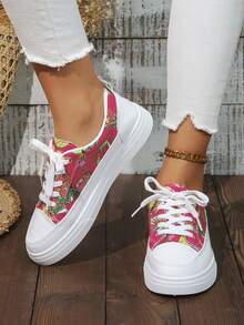 透氣帆布女休閒運動鞋四季簡約時尚繫帶平底帆布鞋 - 彩色 - 查看 1