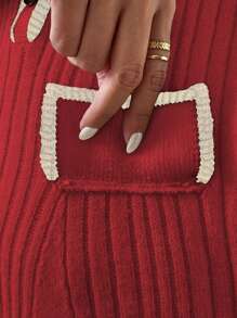 Chiquease 女士彩色拼接邊波浪袖毛衣連衣裙 - 紅色 - 查看 4