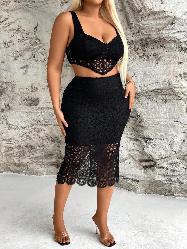 Plus-Size Women'S Lace Asymmetrical Hem Tank Top And Bodycon Skirt Two-Piece Set