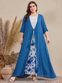Al Najma Conjunto de 2 piezas de chaqueta con flecos de encaje y vestido sin mangas con estampado floral para mujer de talla grande - Multicolor - Ver 5