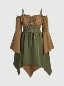 ROMWE Fairycore Vestido De Manga Acampanada Asimétrico Sin Hombros Con Bloque De Color Para Mujeres - Marrón - Ver 1