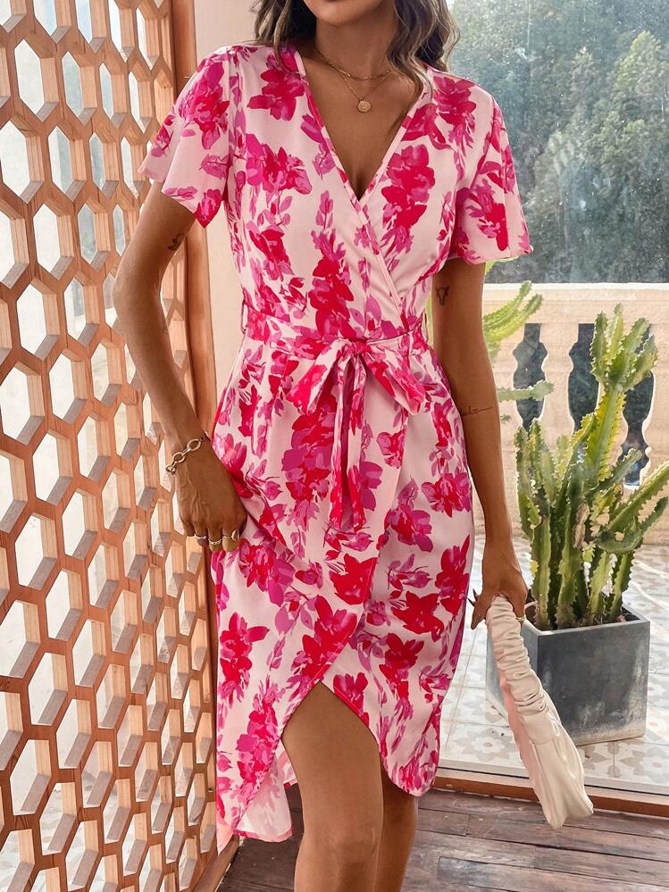 SHEIN Privé Floral Print Flare Sleeve Dress - Pink - View 4