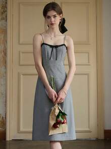 涤纶千鸟格纹系带吊带裙 - 黑與白 - 查看 8