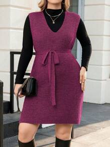 Calvaya Plus Size Women's Sweater Vest Dress With Belt - Purple - View 3