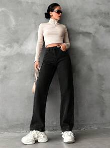 SHEIN Cottnline Ladies Solid Color Straight Leg Jeans - Black - View 3