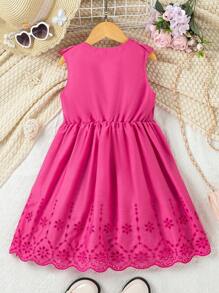 SHEIN Toddler Girls' Casual Fashionable Sweet Perforated Embroidery Peplum Shirt Dress - Pink - View 2