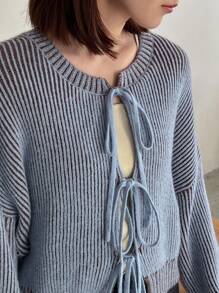 FRIFUL 女士罗纹针织系带开衫、长袖上衣 - 藍色 - 查看 7