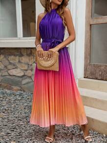 Breezaya Ombre Pleated Belted Halterneck Dress - Multicolor - View 6