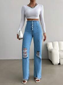 SHEIN Cottnline 女款羈扣門襟仿舊直筒牛仔褲 - 寶藍色 - 查看 4