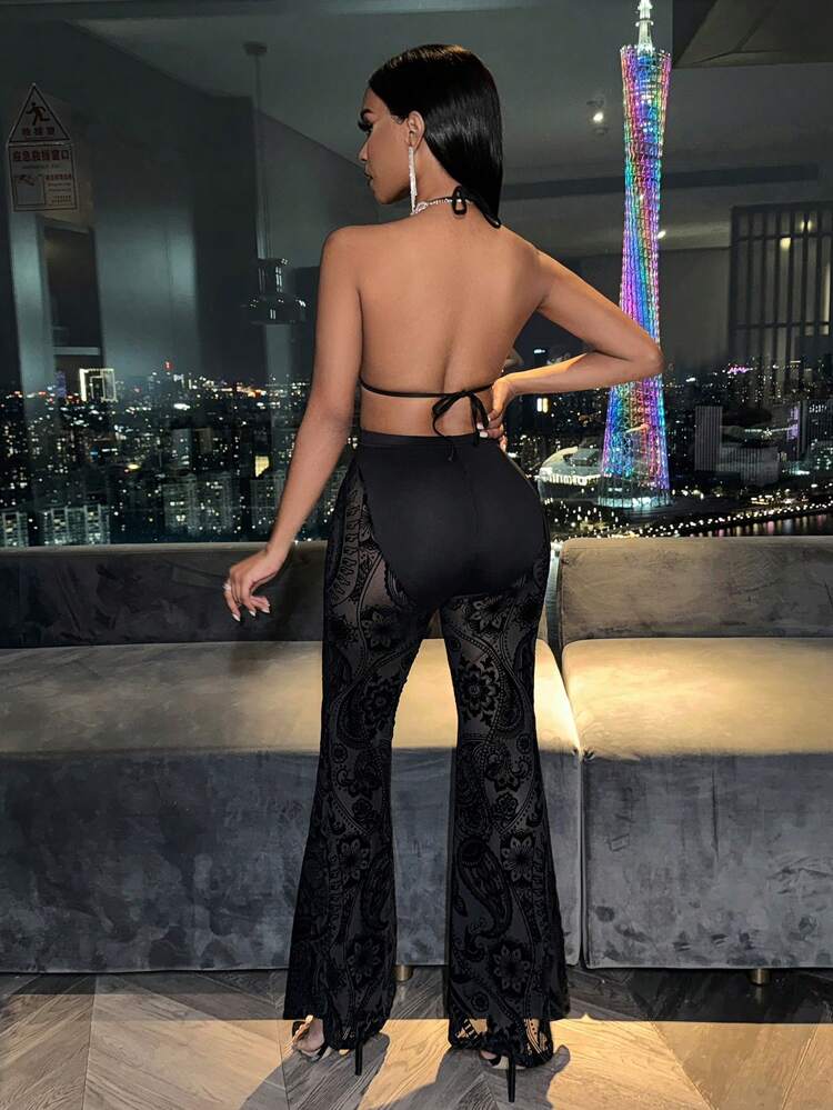 Women's Paisley Print Halter Neck Backless Top And Flare Pants Two Piece Set