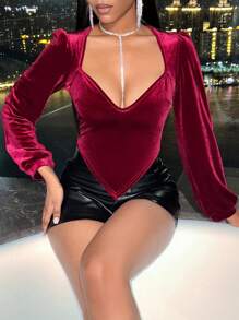 SHEIN Slayr Lantern Sleeve T-Shirt With Sweetheart Neckline - Burgundy - View 6