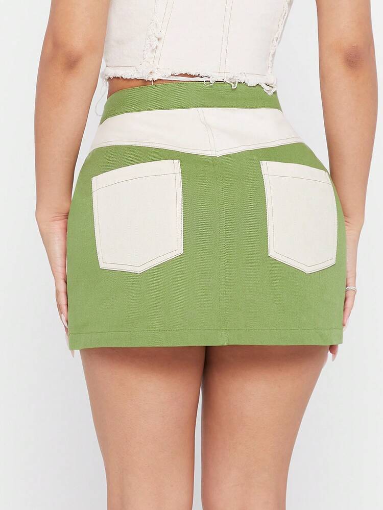 Wave Colorblock Bodycon Twill Mini Skirt