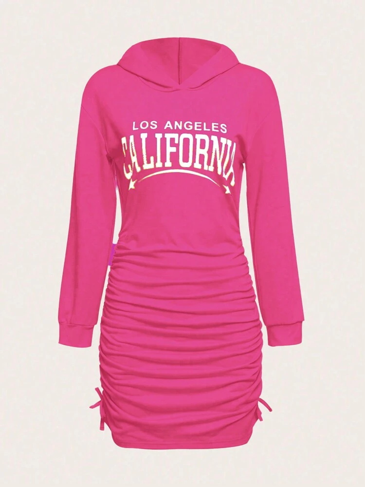 Teen Girls' Y2k Street Style College Letter Print Gathered Waist Sweatshirt Dress