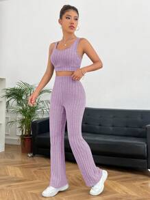 SHEIN EZwear Của phụ nữ Dệt kim Sọc Hai Dây Và Quần Áo liền quần - Màu Lilac Tím - Xem 4