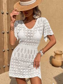 Women's V-Neck Long Hollow Out Tunic Dress (Floral Pattern Random) - Beige - View 3