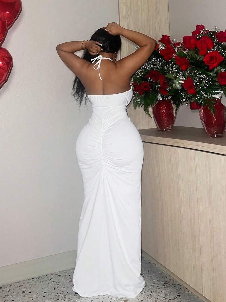 Slaydiva Slayr Plus 优雅白色紧身吊带系带褶皱连衣裙，适合情人节、约会之夜、俱乐部、舞会、性感 - 白色 - 查看 3