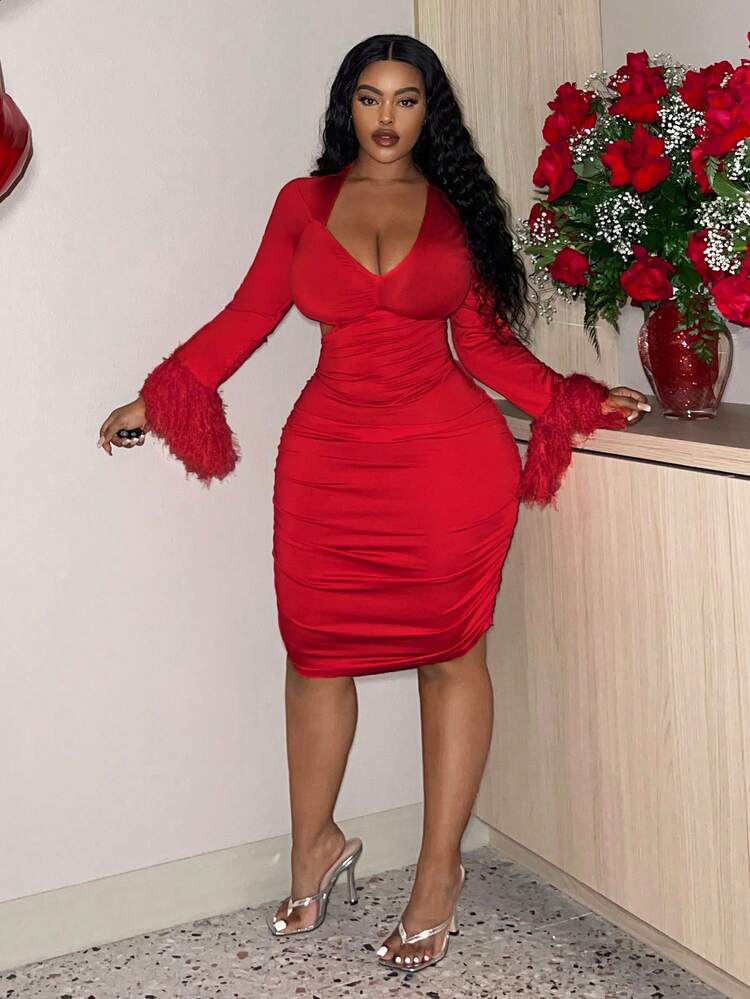 Slayr Plus Size Elegant Sexy Skin-Tight Hollow-Out Faux Fur Splice Drawstring Hem Long Dress For Women, Valentine's Day