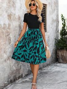 SHEIN Frenchy Vestido Con Cinturón Y Empalme Con Estampado Vegetal - Azul - Ver 6