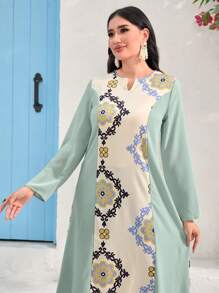 Al Najma Notch Neck Long Sleeve Dress - Green - View 6
