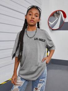 SHEIN Tween 女孩針織星星印花圓領常規版型 T 卹,適合日常休閒