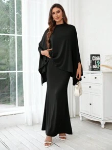 SHEIN Privé Women's Stand Collar Batwing Sleeve Top And Skirt Set - Black - View 1