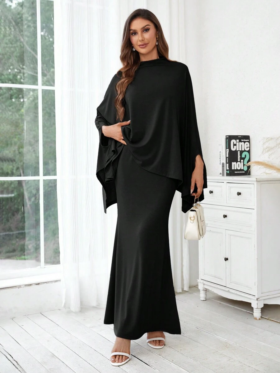 SHEIN Privé Women's Stand Collar Batwing Sleeve Top And Skirt Set - Black - View 1