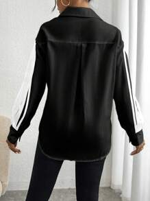 SHEIN Privé 女性彩塊邊長袖襯衫 - 黑色 - 查看 2