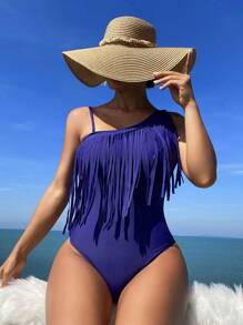 SHEIN Swim Women'S One-Shoulder Asymmetrical Fringe Decoration One-Piece Swimsuit Summer - Navy Blue - View 8