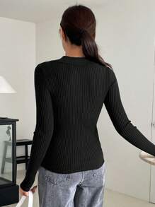 DAZY 女士修身長袖毛衣,立領設計 - 黑色 - 查看 2