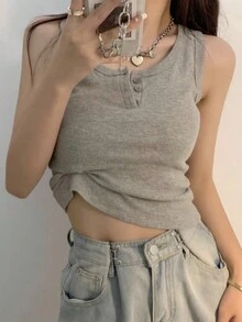 设计灵感独特露脐背心，夏季叠穿无袖韩版休闲吊带衫 - 灰色 - 查看 4