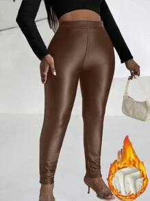 SHEIN LUNE 冬季加大码保暖内衬 PU 皮革紧身裤 - 棕色 - 查看 1