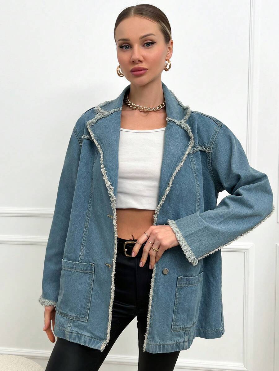 RueChic Women'S Lapel Collar Long Sleeve Denim Jacket