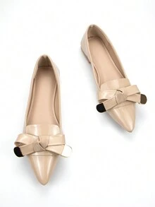 Women's Gold-Tone Hardware Buckled Bowknot Decoration Pointed Toe Daily Flats In Apricot Patent Leather - Apricot - View 2
