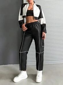 EURMUSE Contrast Zipper Baseball Collar Top And Contrast Edge Sports Pants 2pcs/Set - Black and White - View 5