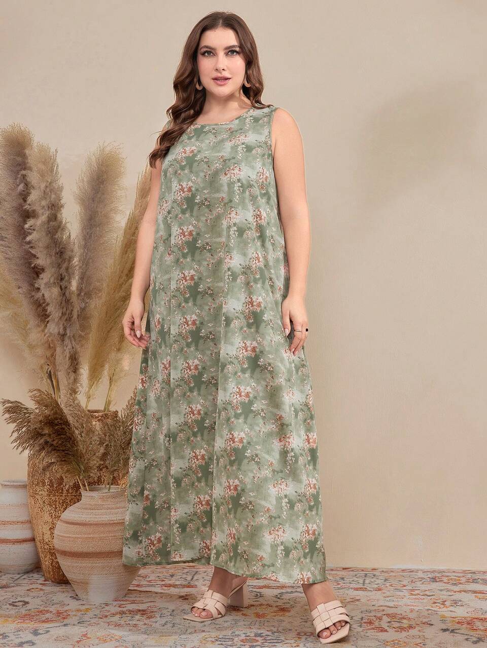 Plus Size Women'S Modest Fringed Decorated Coat And Floral Printed Sleeveless Dress 2pcs/Set 2 Piece Set