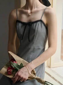 涤纶千鸟格纹系带吊带裙 - 黑與白 - 查看 9