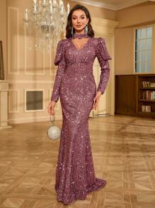 Women's Glamorous Gigot Sleeve Hollow-Out Sequin Mermaid Dress - Dusty Pink - View 1