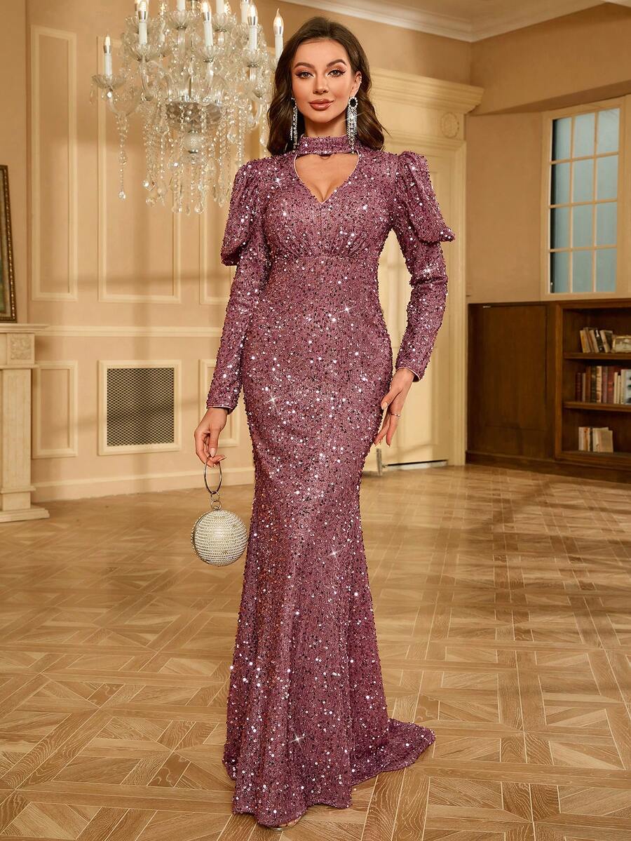 Women's Glamorous Gigot Sleeve Hollow-Out Sequin Mermaid Dress - Dusty Pink - View 1