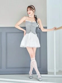 SHEINNeu Top de verano tipo camiseta de tirantes con lazo y encaje en contraste, estilo balletcore - Gris - Ver 4