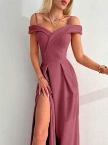 EURMUSE Women's Off-shoulder High Split Dress - Violet Purple - View 5