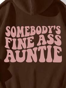 SHEIN EZwear 带标语印花保暖内衬抽绳连帽衫 - 咖啡棕 - 查看 4