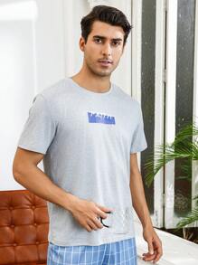 Men'S Short Sleeve Home Service Letter Print Top - Grey - View 5