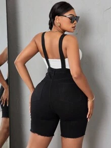 SHEIN SXY Plus Size Women'S Distressed Denim Overalls Shorts