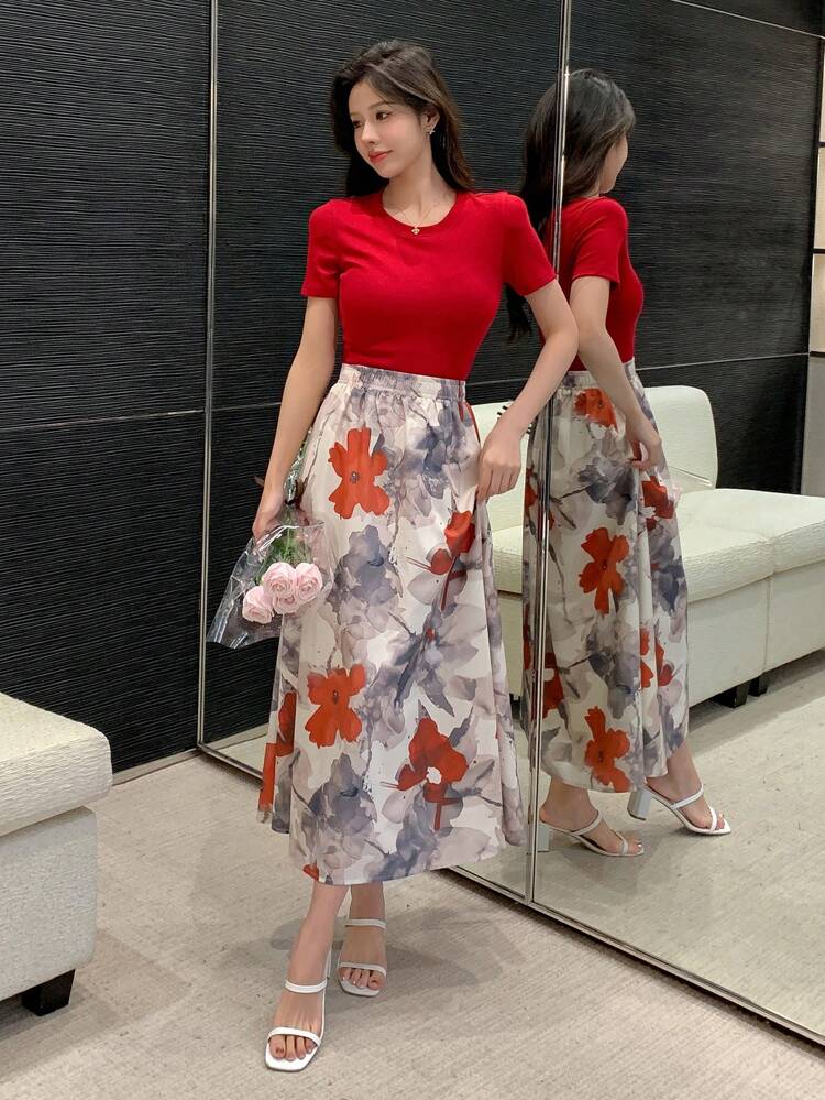 Women's Solid Color Top And Floral Print Skirt Set,Women Two Piece Sets