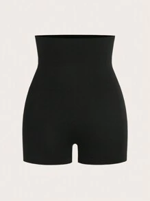 Women's Knitted Plain Black High Waist Shaping Shorts - Black - View 3