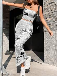 SHEIN EZwear Conjunto De Ropa De Punto Para Damas Estampado Con Periódico