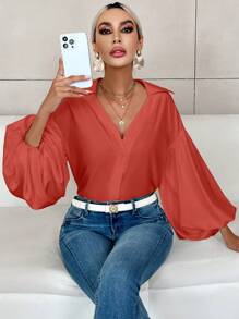 SHEIN Privé Women's Elegant Resort & Office Stylish Lantern Sleeve Button V-Neck Polka Dot Print White Shirt Old Money Quiet Luxury Fall Clothes Work Women Blouses Fall Blouses - Red - View 5