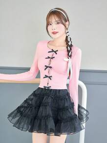 SHEINNeu Balletcore 甜美镂空丝带蝴蝶结蕾丝花边长袖粉色 T 恤生日女士服装春季女士衣服 - 粉色 - 查看 3